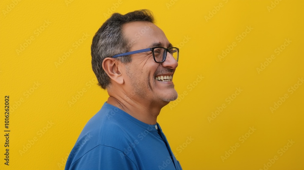 Man smiling in profile against yellow background wearing glasses, blue shirt. Vibrant yellow wall contrasts with blue attire. Happy gentleman with intellectual appearance, slightly squinted eyes, Man smiling in profile against yellow background wearing glasses, blue shirt. Vibrant yellow wall contrasts with blue attire. Happy gentleman with intellectual appearance, slightly squinted eyes,