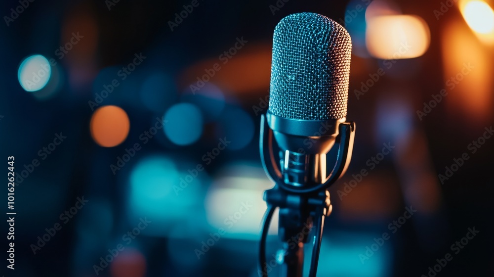 A close-up of a studio microphone with a blurred background, creating an artistic atmosphere for sound recording A close-up of a studio microphone with a blurred background, creating an artistic atmosphere for sound recording