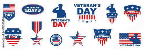 Veterans day badge collection. Veterans day tags. Set of USA army sticker