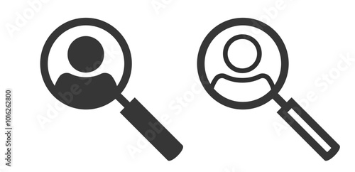 Research personal character icon vector, search find user person via magnifying glass simple symbol graphic pictogram set, employee account expertise, customer man quality investigation image
