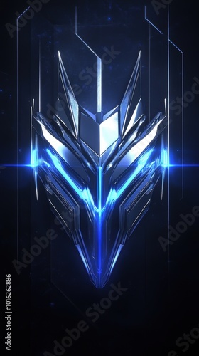 A striking metallic helmet design glows with blue light, set against a deep black background photo