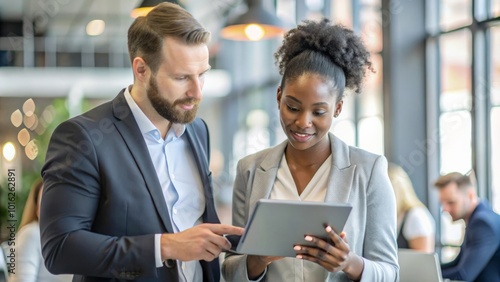 Business people, tablet and conversation with ceo for planning and collaboration in office. Technology, teamwork and black woman with mentor in discussion, communication and research on digital app