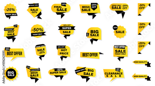Set of black and orange promotion badges. Sale, discount, special offer, best price sticker tag collection