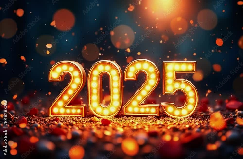 Golden lettering 2025 on festive background with glow bokeh dots Golden lettering 2025 on festive background with glow bokeh dots