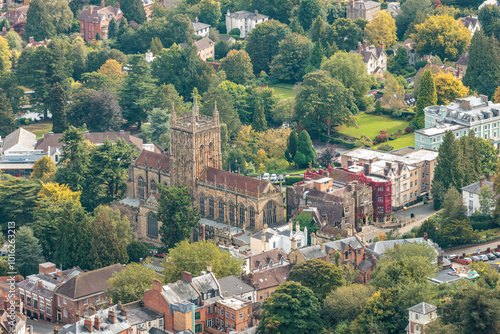 Beautiful buildings of downtown Great Malvern and Great Malvern Priory, England photo