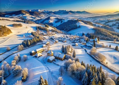 Aerial View of Winter Mountain Landscape in Fundatura Ponorului, Hunedoara County, Romania photo