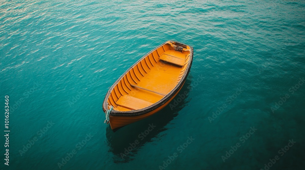 A solitary wooden boat floats calmly on clear turquoise water under a bright blue sky on a serene day A solitary wooden boat floats calmly on clear turquoise water under a bright blue sky on a serene day