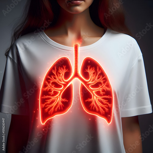 Red Holographic Woman Lung Anatomy with Focus on Digestive Health | A visualization of human anatomy showcasing a glowing lung in red.