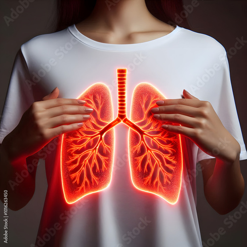 Red Holographic Woman Lung Anatomy with Focus on Digestive Health | A futuristic visualization of human anatomy showcasing a glowing lung in red, highlighted within a holographic overlay of internal.