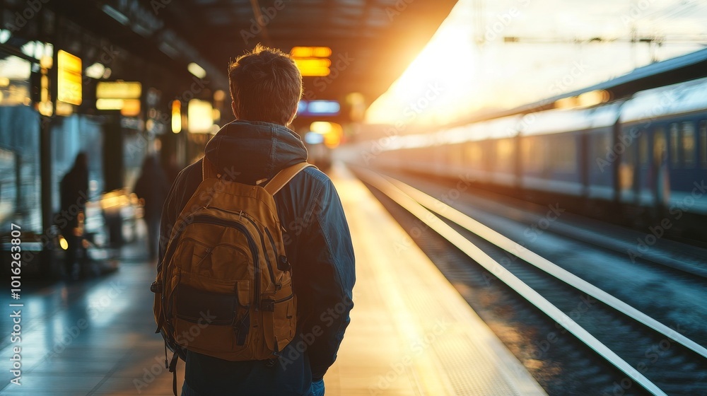 A traveler waits at a train station as the sun sets, casting warm light on the platform and nearby train tracks A traveler waits at a train station as the sun sets, casting warm light on the platform and nearby train tracks