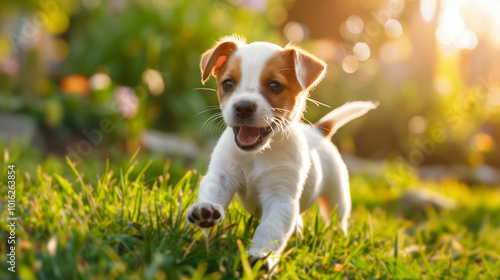 Playful Jack Russell terrier puppy running joyfully through a grassy field at sunset