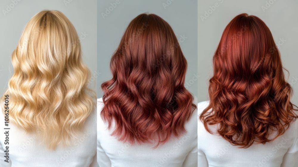 Versatile Hair Color Variations: Blonde, Auburn, and Red Hairstyles Highlighted in Wavy Textures Versatile Hair Color Variations: Blonde, Auburn, and Red Hairstyles Highlighted in Wavy Textures