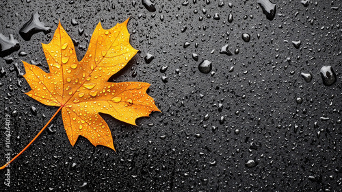 One yellow maple leaf, covered in raindrops, rests on a sleek black surface, highlighting nature's detail and the quiet beauty of a rainy autumn day.