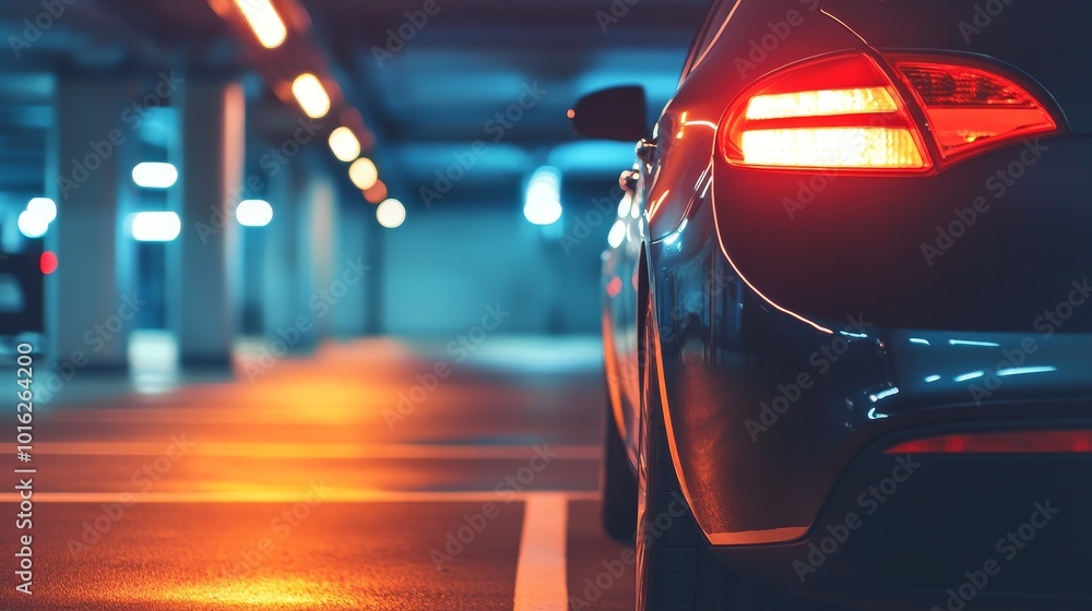 A parked car with illuminated taillights in a dimly lit underground parking garage at night A parked car with illuminated taillights in a dimly lit underground parking garage at night