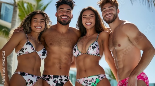 Group of Happy Friends in Swimwear Enjoying a Sunny Day at the Beach photo