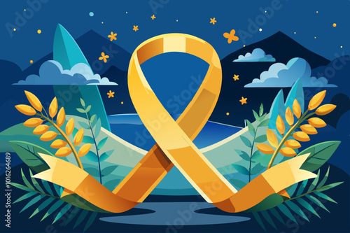Childhood cancer awareness campaign illustration with golden ribbon and floral elements