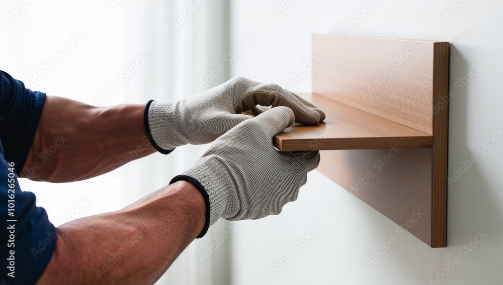 © BajimBa - A person installs a wooden shelf on a white wall in a bright room during daylight hours using gloves for safety and protection © BajimBa - A person installs a wooden shelf on a white wall in a bright room during daylight hours using gloves for safety and protection