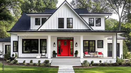White modern farmhouse with vibrant red front door and black accent covered porch