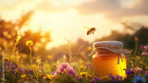 Fototapeta Naklejka Na Ścianę i Meble -  A bee hovering over a jar of honey in a vibrant field of wildflowers during sunset