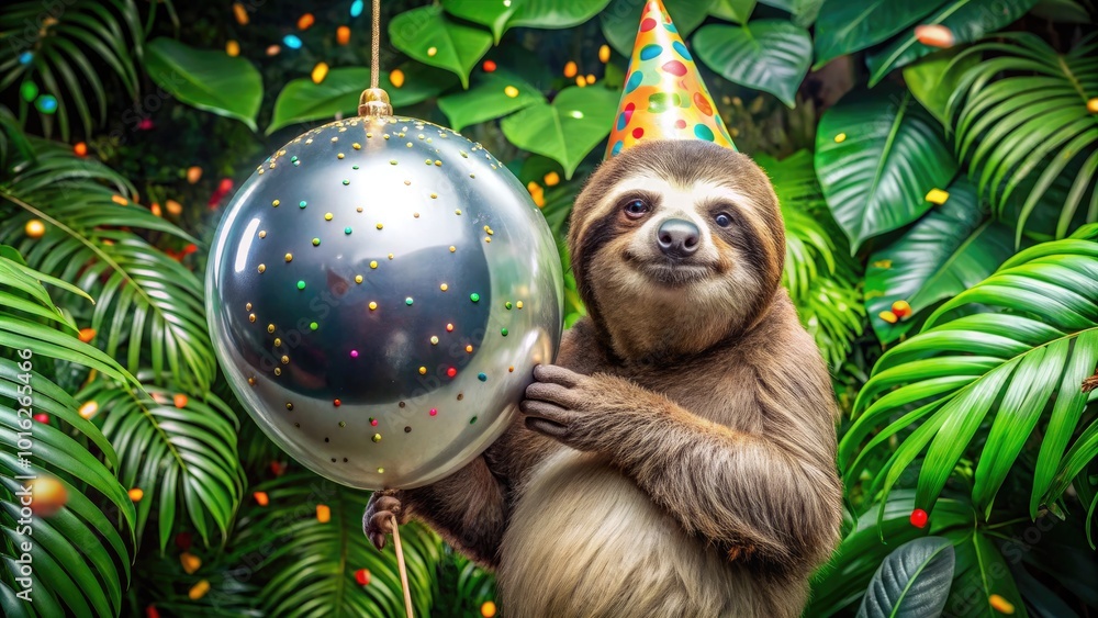 Obraz premium A relaxed sloth grasping a glittering silver 
