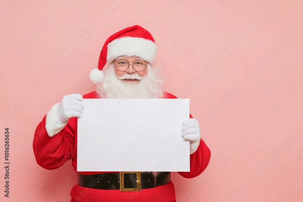 Cheerful Santa Claus Holding a Blank Sign Mock Up with Space for Your Text, Holiday Promotions and Events. Jolly Santa Claus gesturing pointing on white banner placard, festive themes advertising. Cheerful Santa Claus Holding a Blank Sign Mock Up with Space for Your Text, Holiday Promotions and Events. Jolly Santa Claus gesturing pointing on white banner placard, festive themes advertising.