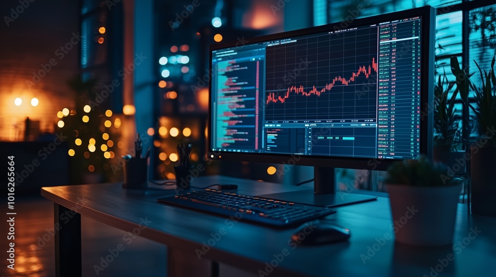 Clean Desk with Stock Market Analysis Tools at Night Clean Desk with Stock Market Analysis Tools at Night