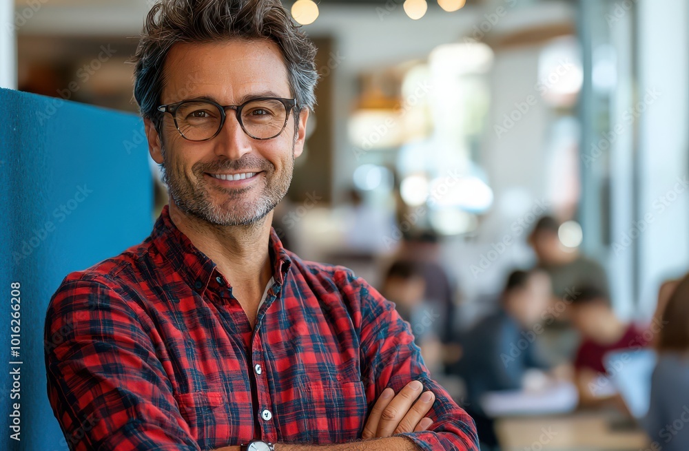 Confident man in casual attire with glasses smiling in a modern open workspace, depicting a relaxed and focused atmosphere. Confident man in casual attire with glasses smiling in a modern open workspace, depicting a relaxed and focused atmosphere.