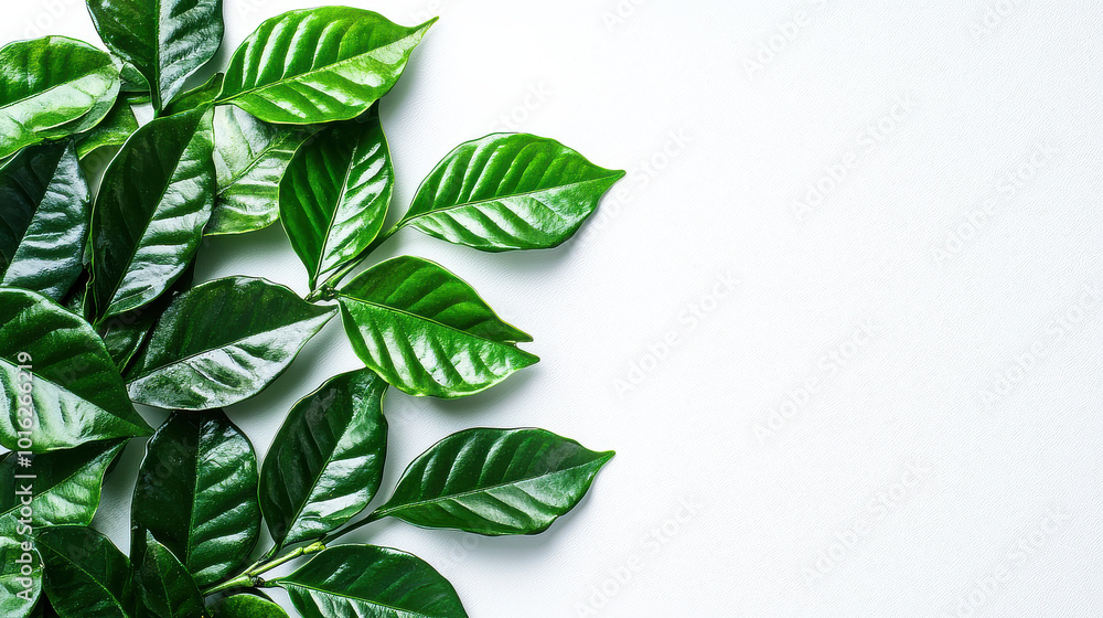 Obraz premium Vibrant green leaves artistically arranged on a pure white background, creating a striking contrast that highlights the vividness and natural beauty of the foliage.
