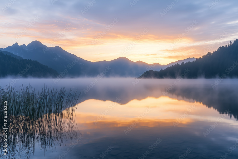 Serene Mountain Lake at Sunrise with Fog Serene Mountain Lake at Sunrise with Fog