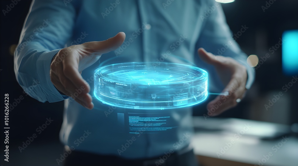 Close-Up of Hands Interacting with Holographic Digital Interface Close-Up of Hands Interacting with Holographic Digital Interface