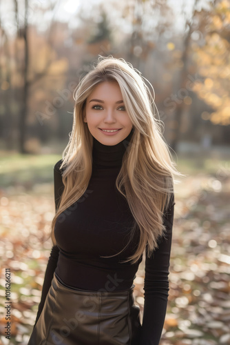 Woman with long blonde hair is wearing a black top and black skirt. She is smiling and looking at the camera