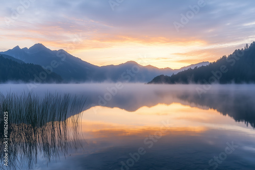 Wallpaper Mural Serene Mountain Lake at Sunrise with Fog Torontodigital.ca