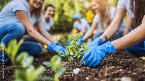 woman’s hand gently plants a young tree in a forested area, symbolizing renewal, environmental stewardship, and hope for future generations. The image represents growth, sustainability, and ecological