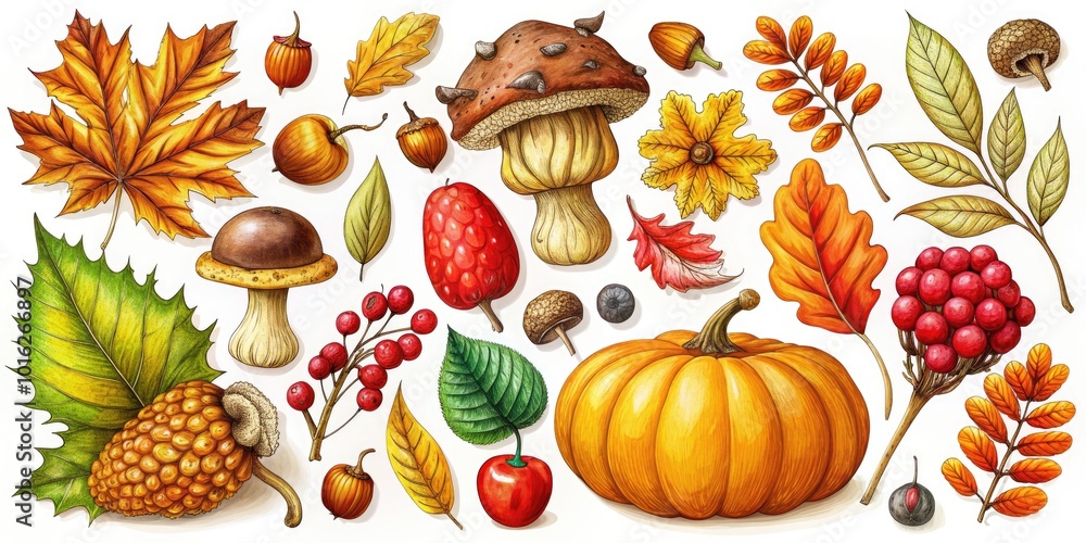 Autumn Elements Vector Set - Hand Drawn Fall Leaves, Mushrooms, Acorns & Pumpkins for Seasonal Decor and Crafts Autumn Elements Vector Set - Hand Drawn Fall Leaves, Mushrooms, Acorns & Pumpkins for Seasonal Decor and Crafts