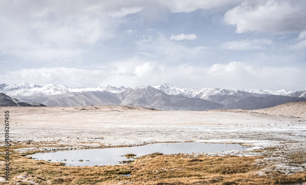 Panoramic landscape of textured Tien Shan mountains in Pamir in Tajikistan, landscape of a mountain range with snow and glaciers in summer, a small lake and reflection of mountains in it Panoramic landscape of textured Tien Shan mountains in Pamir in Tajikistan, landscape of a mountain range with snow and glaciers in summer, a small lake and reflection of mountains in it