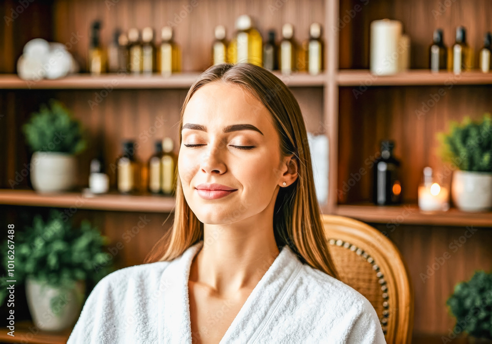 Peaceful woman enjoying aromatherapy in modern spa with essential oils Peaceful woman enjoying aromatherapy in modern spa with essential oils