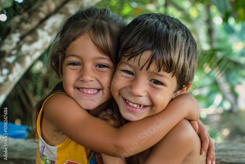 Portrait of two little girls smiling and hugging each other in the park