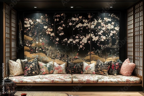 contemporary japaneseinspired folding screen displaying black white and gold artistic elements merging elegance with a retro dramatic flair for an opulent ambiance photo