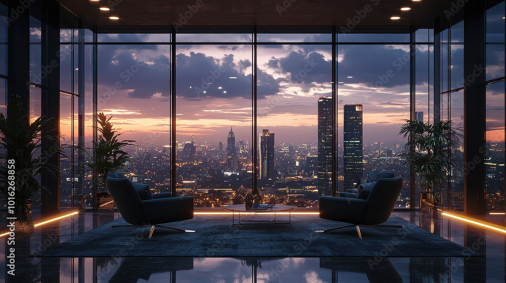 Fototapeta premium A skyscraper office offers a breathtaking view of the city at sunset, blending corporate vibes with serenity, capturing the essence of a bustling metropolis.