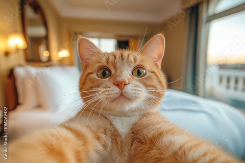 cat takes a selfie in a hotel, holiday, travel,hotel room photo