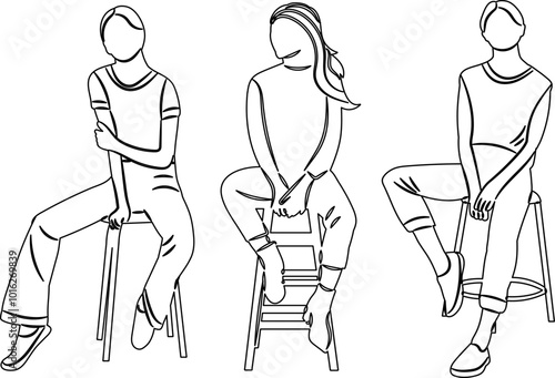 girls sitting on chairs sketch on white background, vector