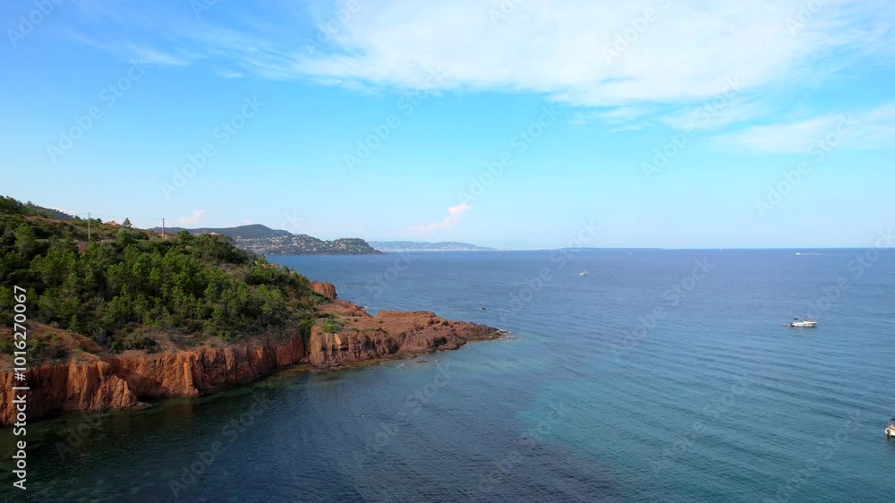 beautiful sky on the beach surrounded by rocks filmed with a 4k drone, Côte d'Azur, French Riviera, france beautiful sky on the beach surrounded by rocks filmed with a 4k drone, Côte d'Azur, French Riviera, france