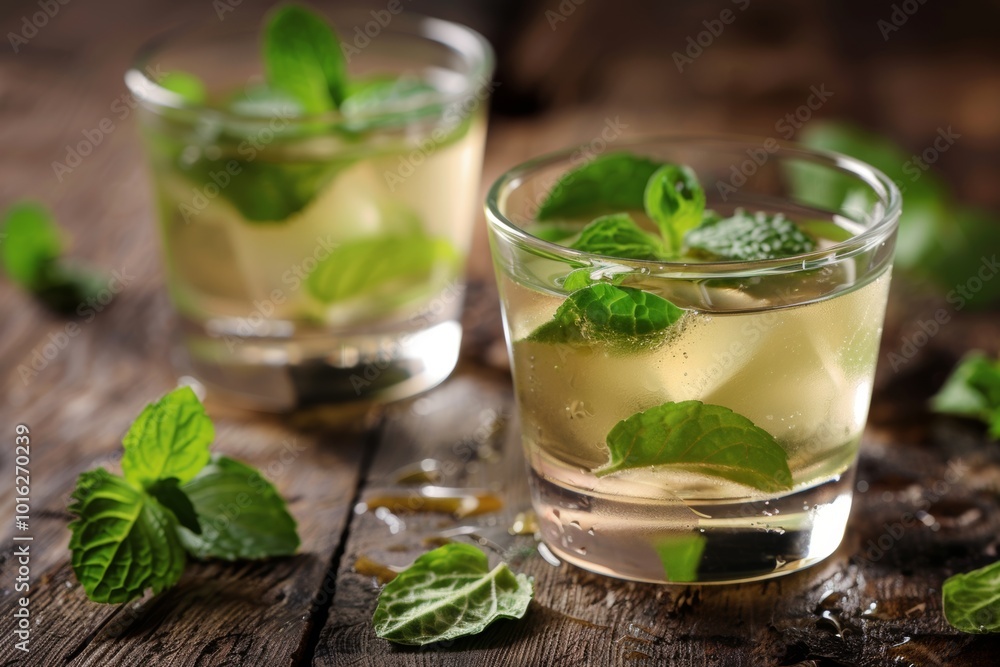 Refreshing mint-infused drinks in glasses on a rustic wooden surface. Refreshing mint-infused drinks in glasses on a rustic wooden surface.