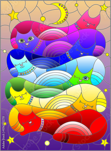 An illustration in the style of a stained glass window with bright cats on the background of the night sky with the moon and stars