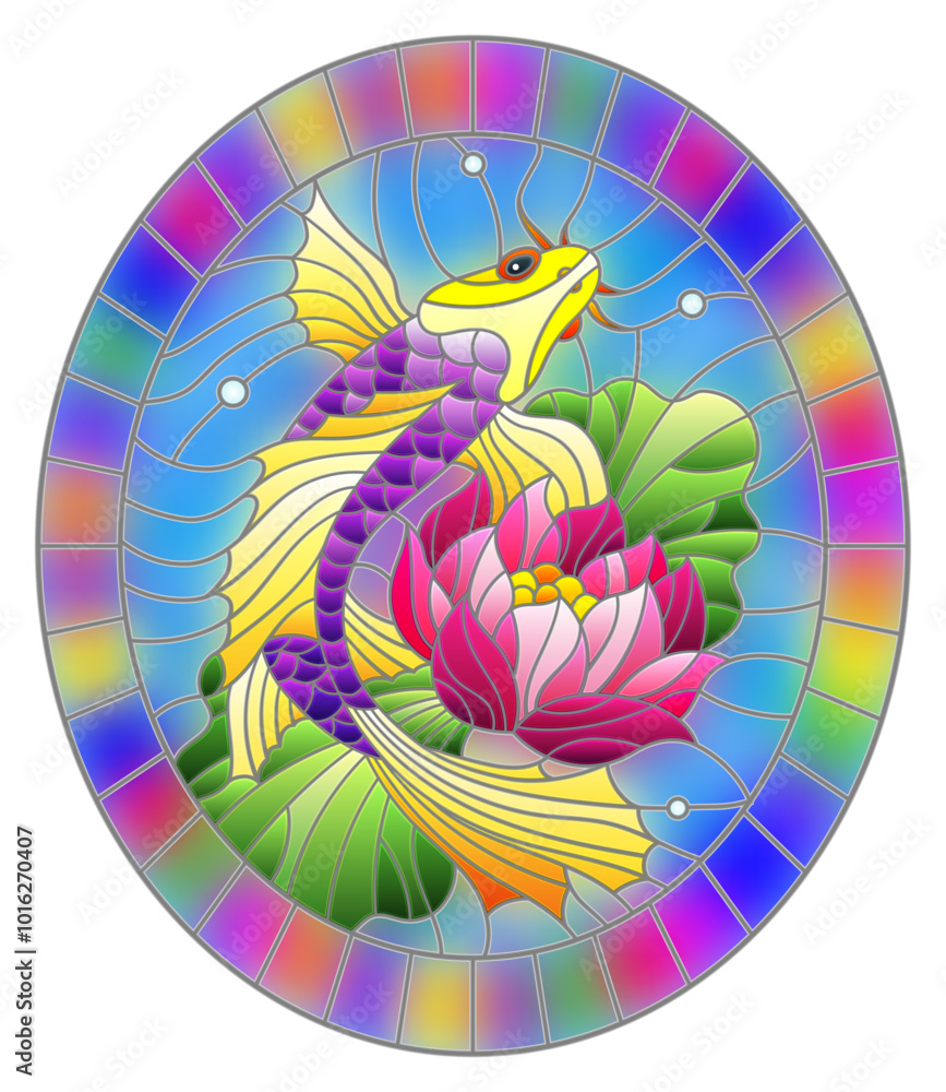 Obraz premium Illustration in style of a stained-glass window with a bright fish and a flower of a lotus against water and vials of air , oval image in bright frame