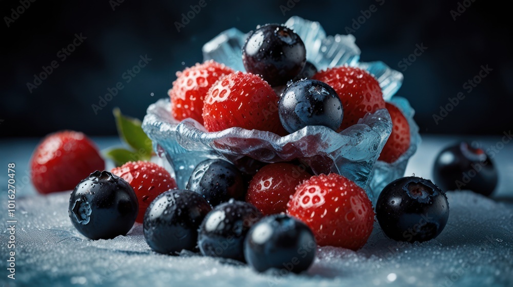 Fresh blueberries and strawberries in a blue bowl on a white surface. Fresh blueberries and strawberries in a blue bowl on a white surface.