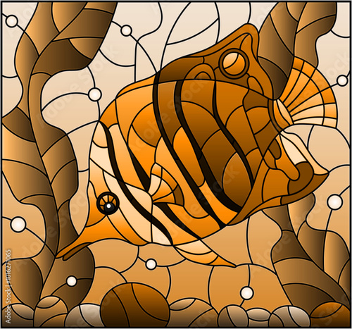 Illustration in stained glass style with an butterfly fish on a background of algae, and water,oval image, tone brown photo