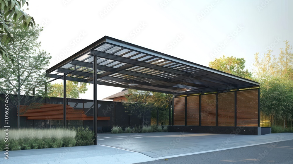 Fototapeta premium Modern Black Metal Canopy Over Concrete Patio With Grass and Trees