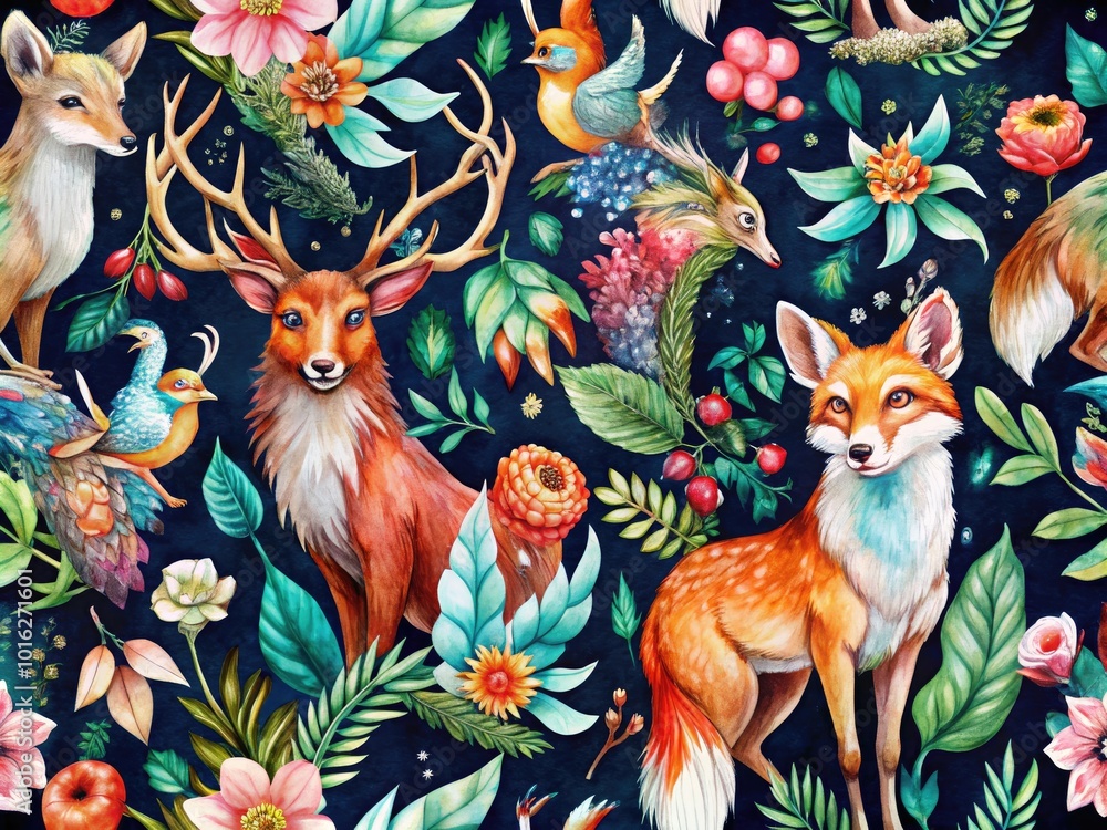 Boho Watercolor Seamless Pattern with Wild Animals and Feathers for Nature Inspired Decor Boho Watercolor Seamless Pattern with Wild Animals and Feathers for Nature Inspired Decor