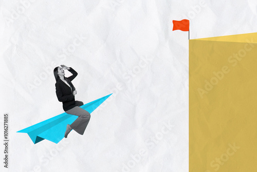 Creative Business Collage with Professional Woman on Paper Airplane Reaching for Success and Achieving Goals photo